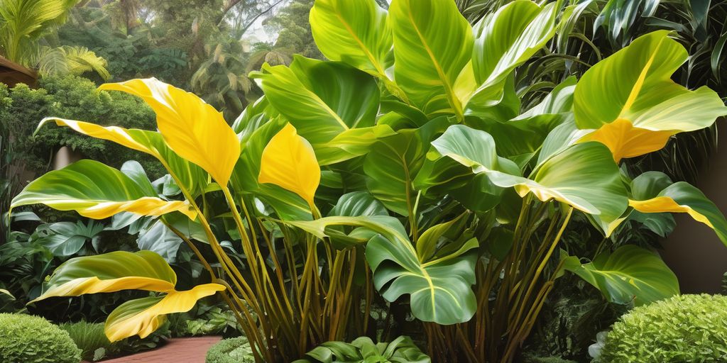 Golden Goddess Philodendron plant in a lush garden setting